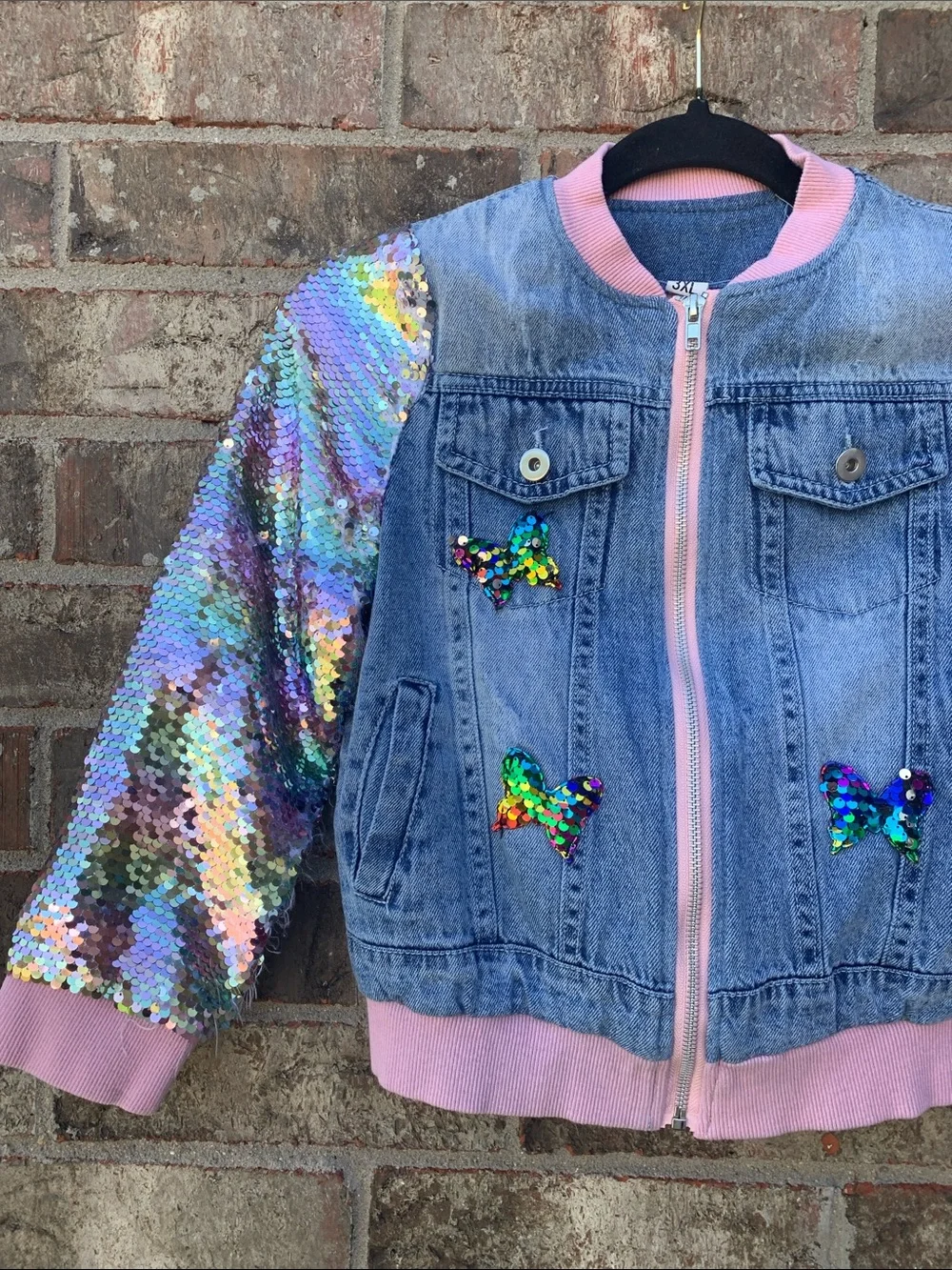 Take 50% OFF- Sequin-Sleeve Denim Bomber Jacket with Butterfly Accents, Sz-3XL